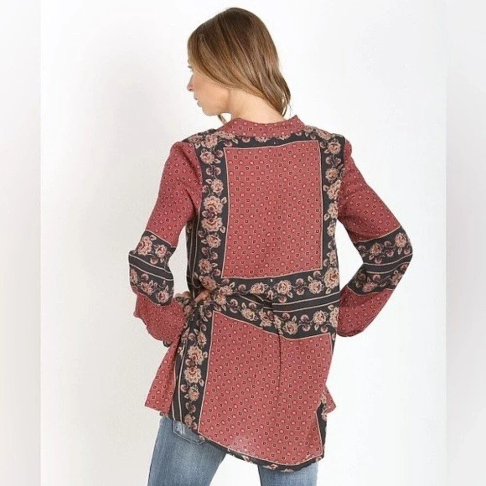 Free People Floral Dobby Changing Times Tunic Brick Combo Blouse Shirt Size XS
